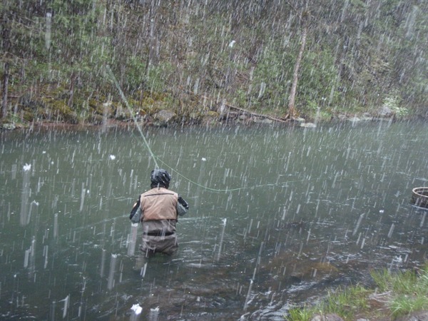 Fishing Burney Creek in the snow