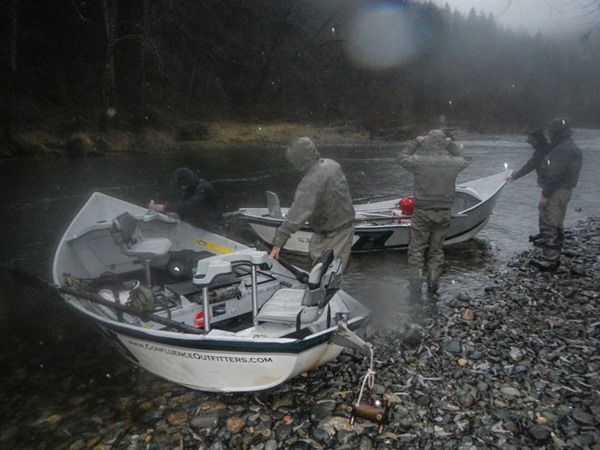 Launching the boats on a rainy morning