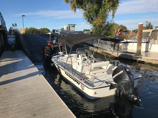 Our highly functional and very not fast rental boat, a 17ft Triumph from the Sugar Barge