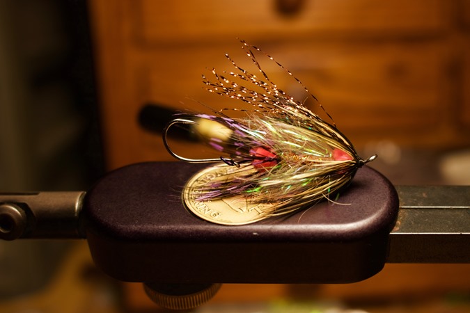 Flash body and copper wing with fall colors mixed in on this mini intruder. Tied on a 35mm Partridge