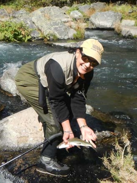 Lisa with a nice fish landed on her new tenkara rod