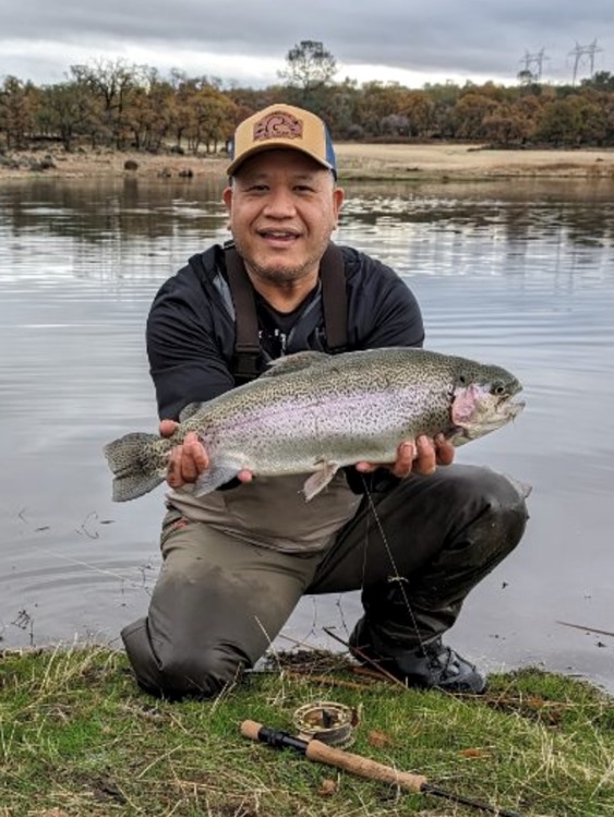 Tony used a quick retrieve and brown Woolley Bugger to fool this broad shouldered trout